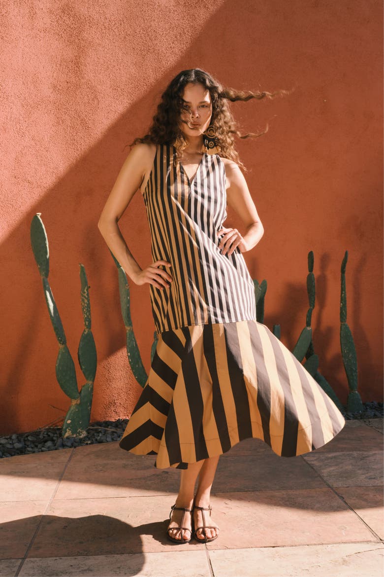 Celeste Poplin Midi Dress, Alternate, color, Black/Tan Stripe Combo