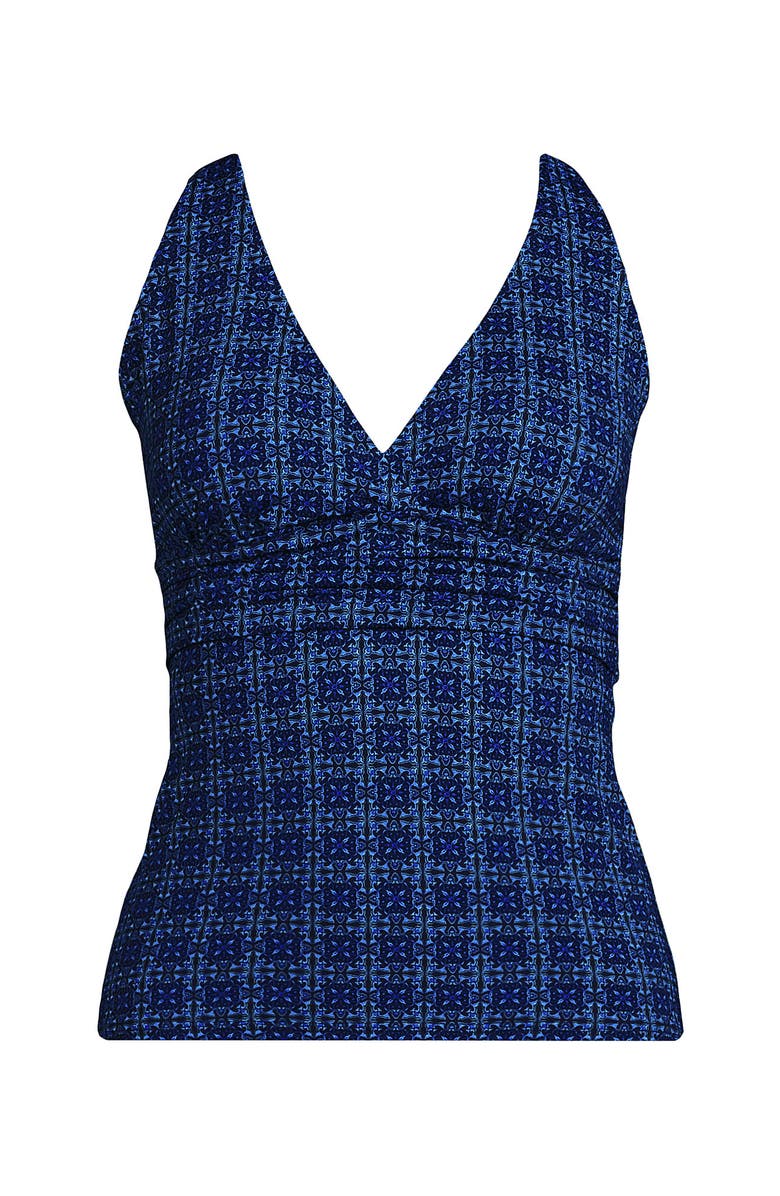 Lands' End Chlorine Resistant Plunge X-Back Tankini Swimsuit Top, Alternate, color, Navy Mosaic Mini Tile
