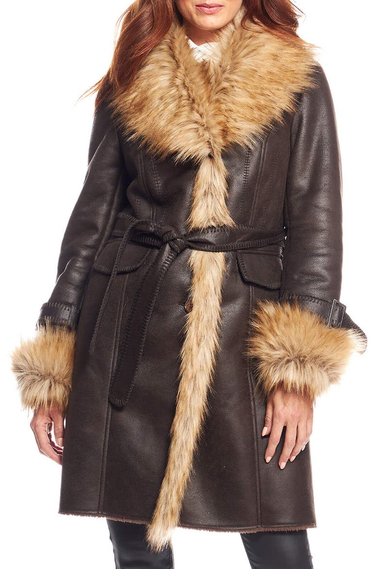 Dakota Belted Faux Suede Coat with Faux Fur Trim, Main, color, ESPRESSO