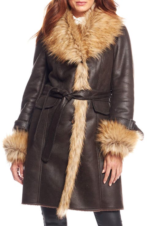 Dakota Belted Faux Suede Coat with Faux Fur Trim