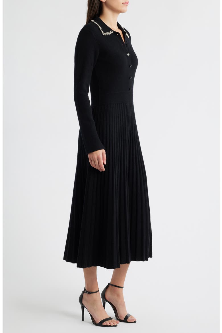 Penny Embellished Collar Pleated Long Sleeve Cashmere Sweater Dress, Alternate, color, NOIR BLACK