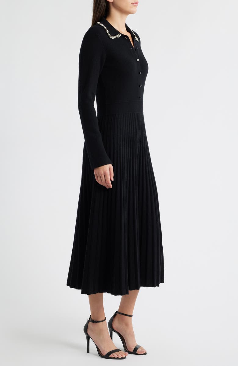 Elie Tahari Penny Embellished Collar Pleated Long Sleeve Cashmere Sweater Dress, Alternate, color, Noir Black