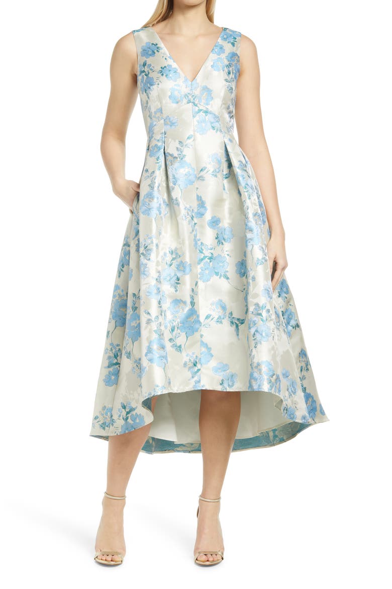 Metallic Floral Print High-Low Cocktail Dress, Main, color, BLUE