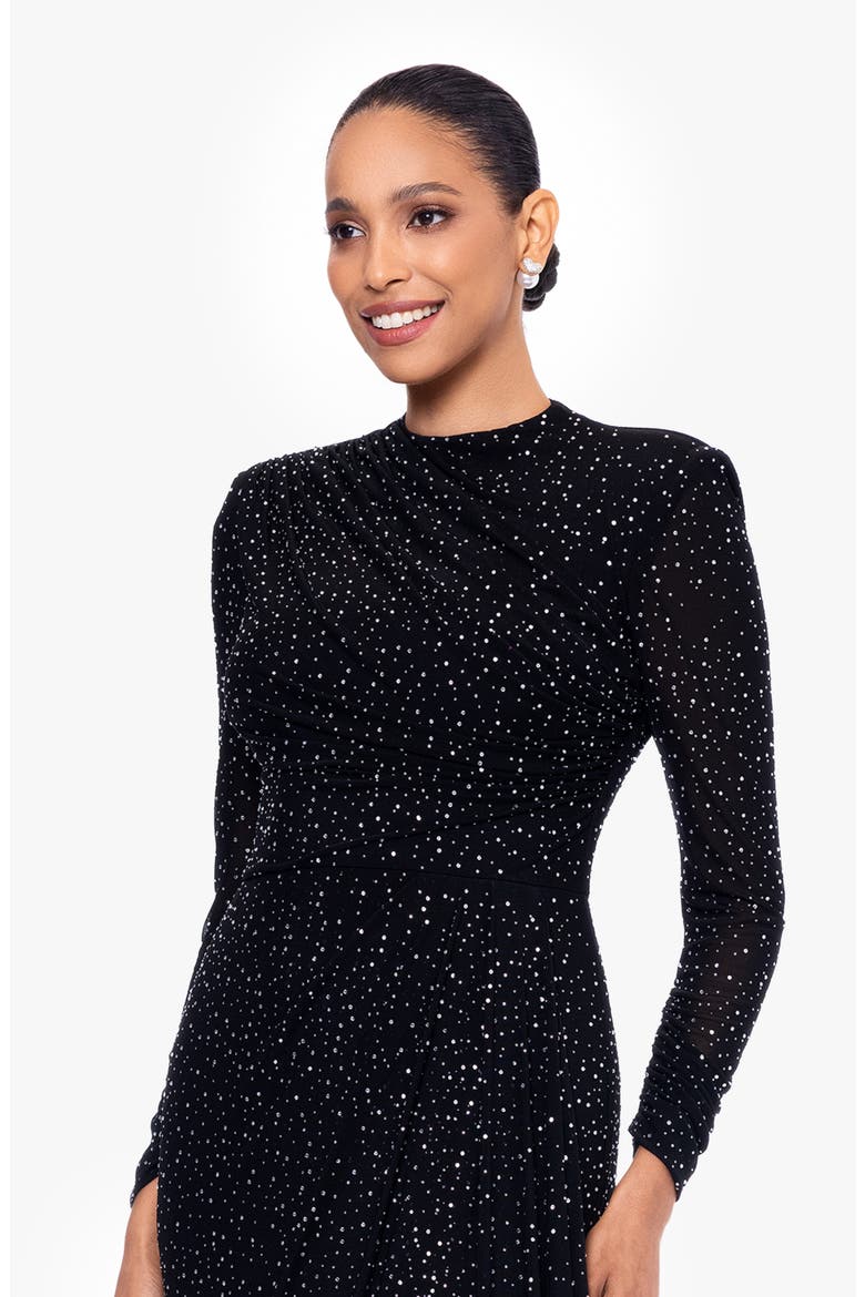 Rhinestone Long Sleeve Stretch Gown, Alternate, color, BLACK/SILVER