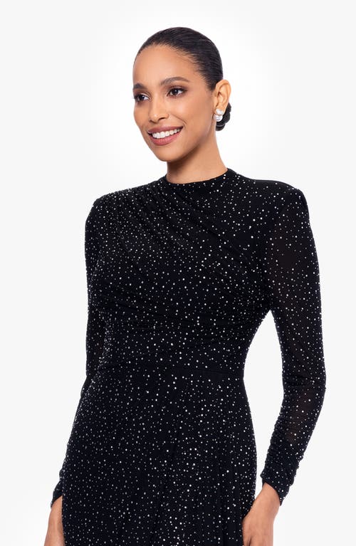 Betsy & Adam Rhinestone Long Sleeve Stretch Gown In Blue