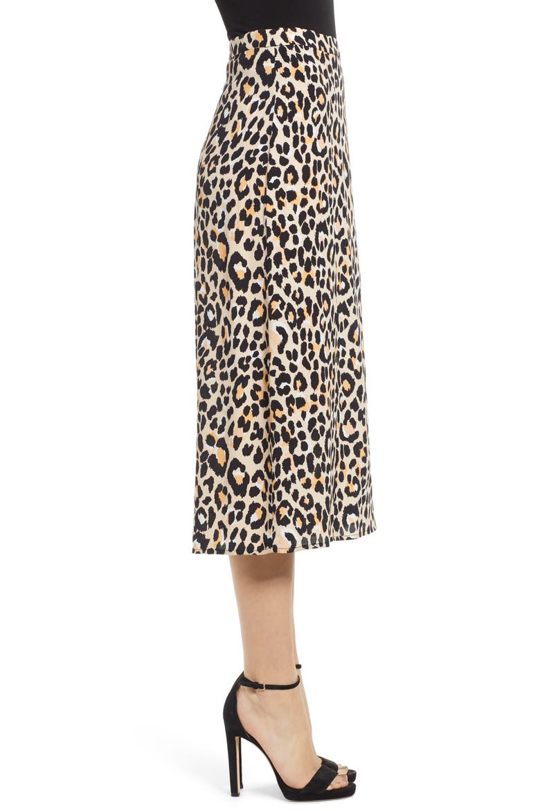 Leopard Print Button Front Midi Cotton Blend Skirt, Alternate, color, LEOPARD PRINT