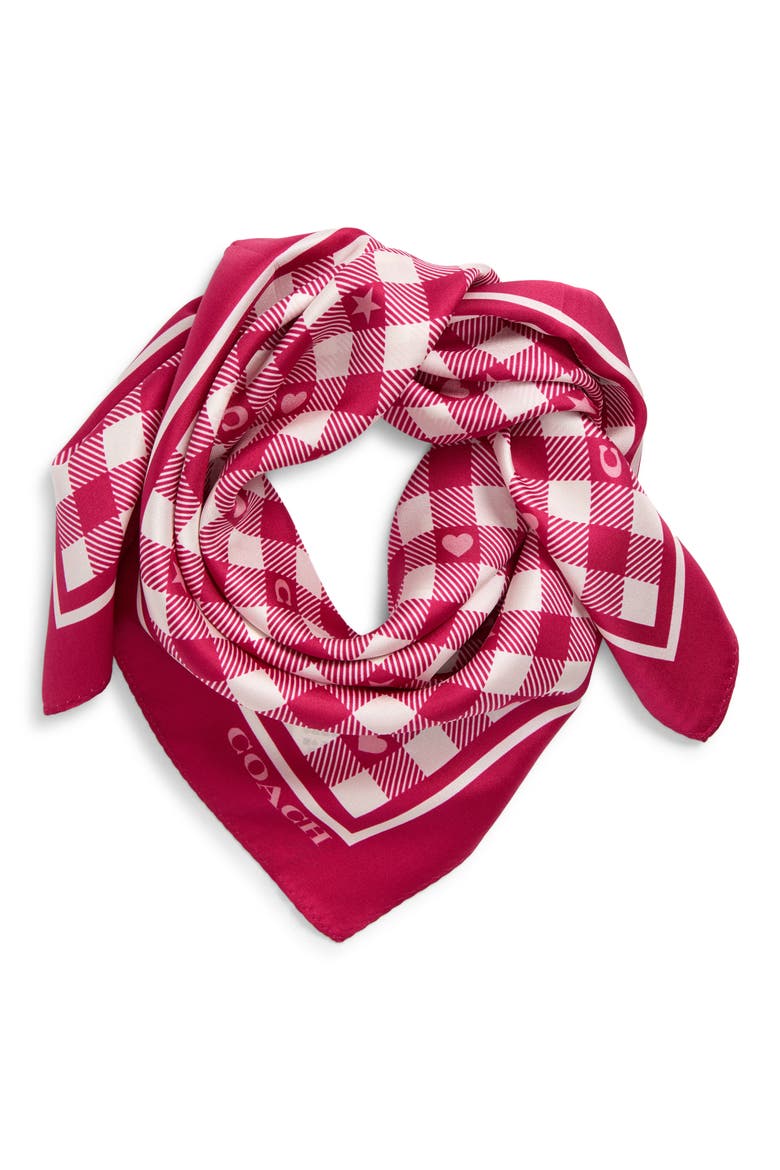 Gingham Play Silk Scarf, Main, color, DARK FUCHSIA