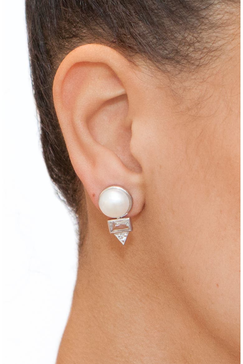 Cleo Baguette Topaz & Pearl Stud Earrings, Alternate, color, PEARL/ WHITE SAPPHIRE