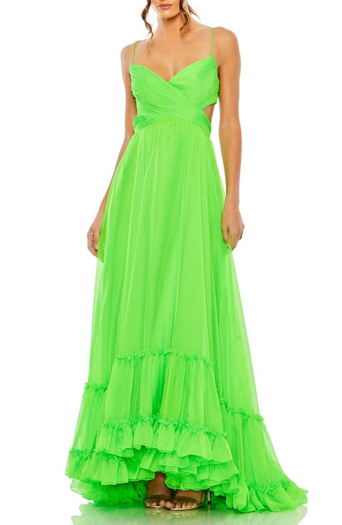 Cut Out Chiffon Tiered Strappy Open Back Gown