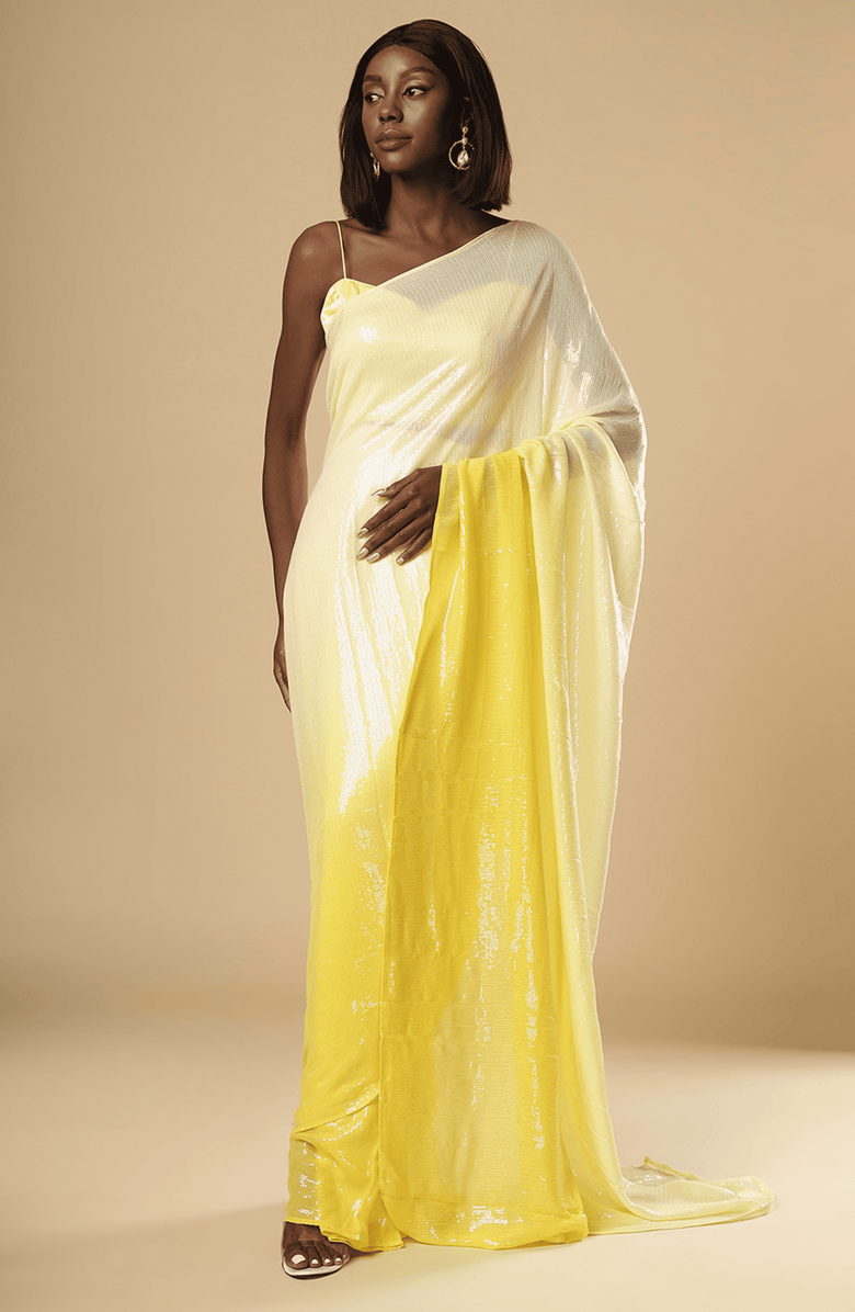 One Minute Saree<sup>®</sup> Sana White & Yellow Ombre Sequins Pre-Draped Ready to Wear Sari, Main, color,