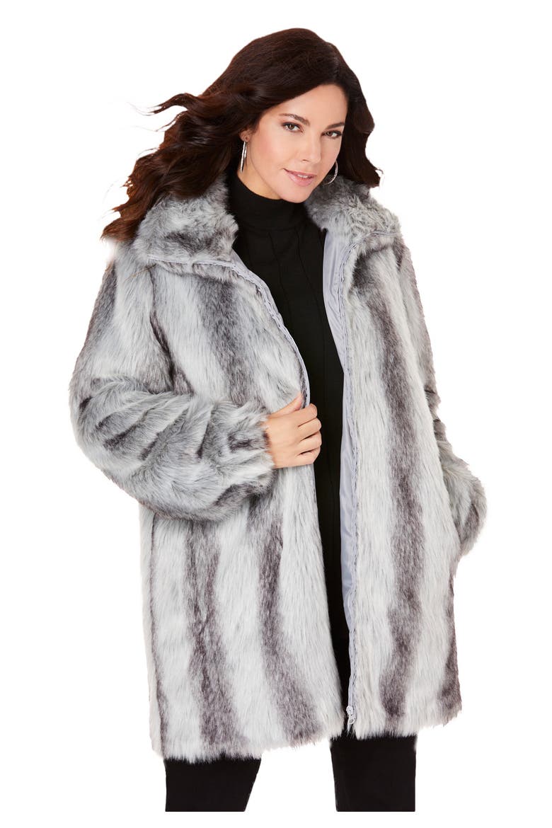 Plus Size Mid Length Hooded Faux Fur Coat, Main, color, CHINCHILLA