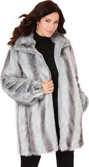 Roaman's Plus Size Mid Length Hooded Faux Fur Coat