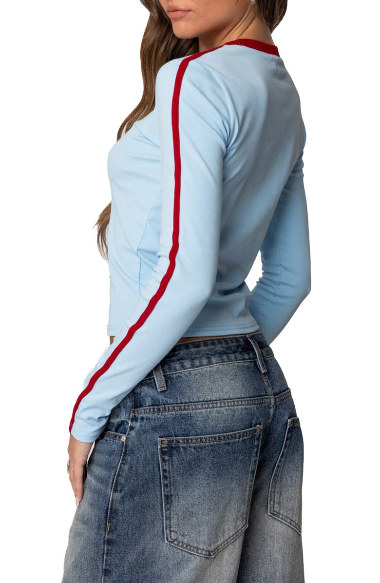 EDIKTED Cherry 8 Long Sleeve Stretch Cotton T-Shirt, Alternate, color, Light-Blue