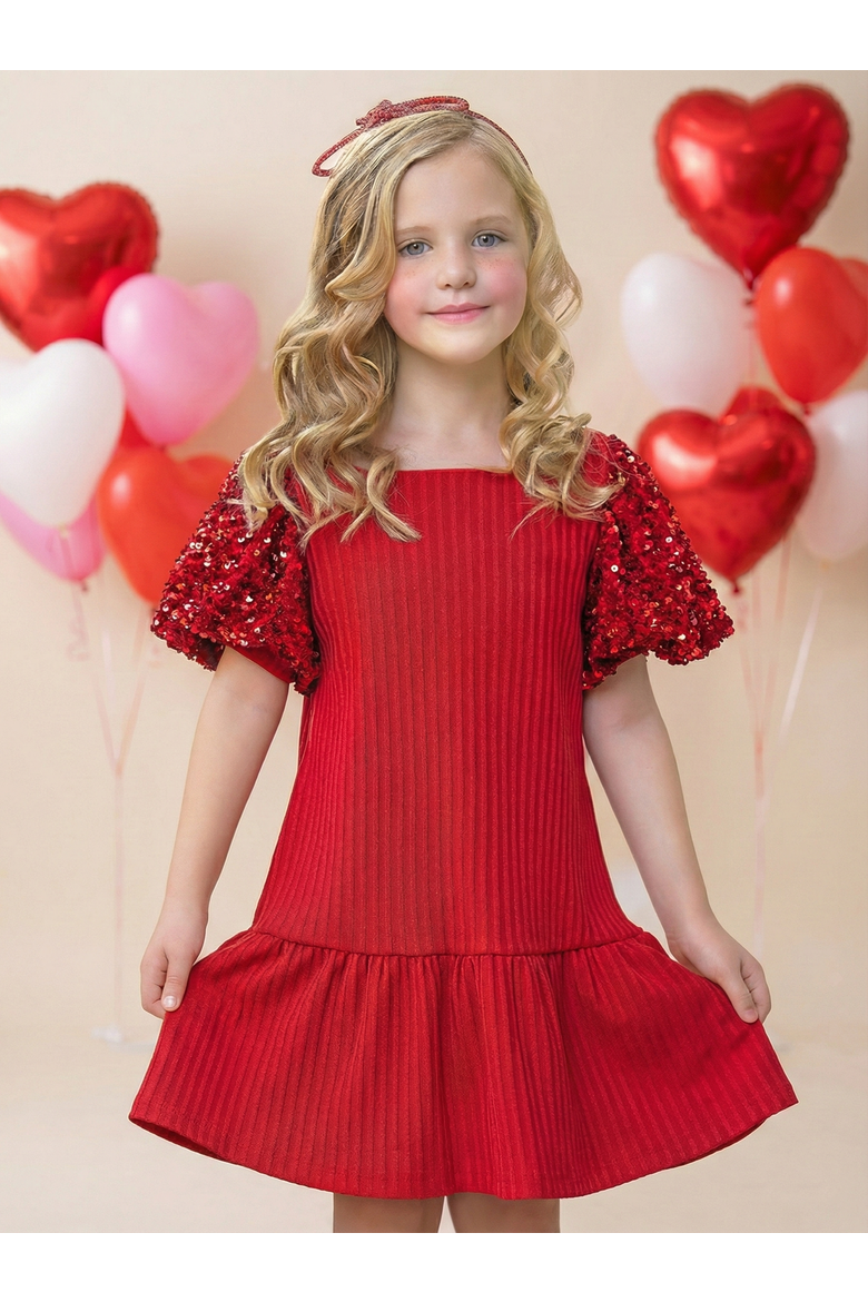 Sequin Puff Sleeve Cute Dress, Alternate, color, Red