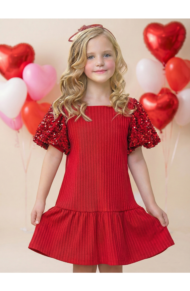 Mia Belle Girls Sequin Puff Sleeve Cute Dress, Alternate, color, Red