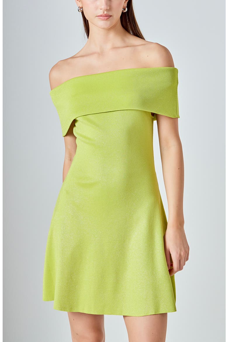Metallic Off the Shoulder Knit Minidress, Alternate, color, LIME GREEN