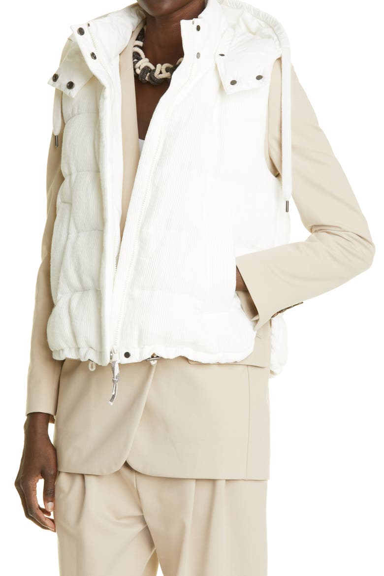 Linen Blend Hooded Down Vest, Alternate, color, BIANCO