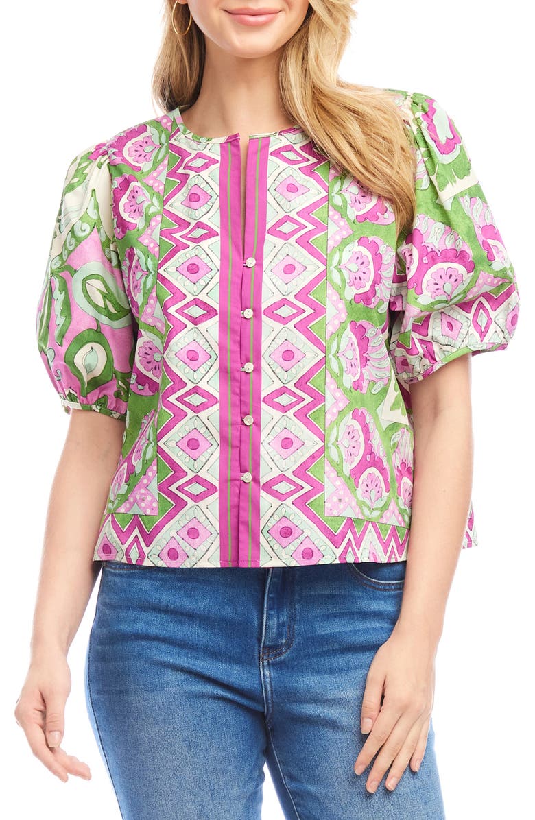 Karen Kane Printed Puff Sleeve Cotton Button-Up Top, Main, color, Print
