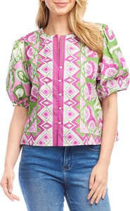 Karen Kane Printed Puff Sleeve Cotton Button-Up Top