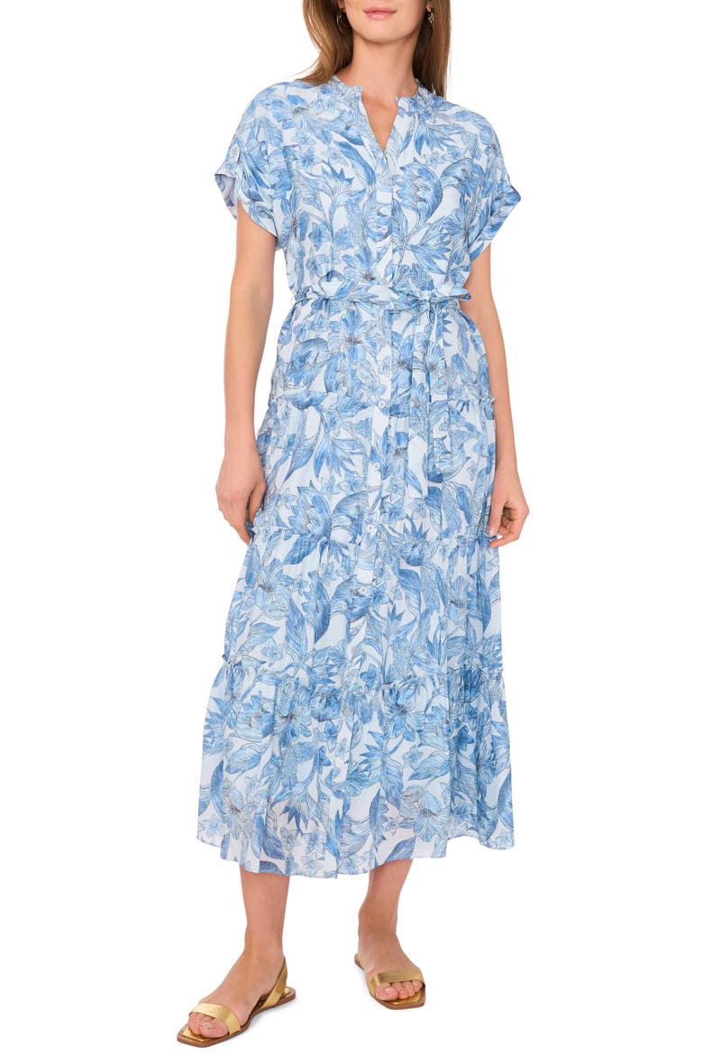 Print Tiered Maxi Dress, Main, color, DEW BLUE