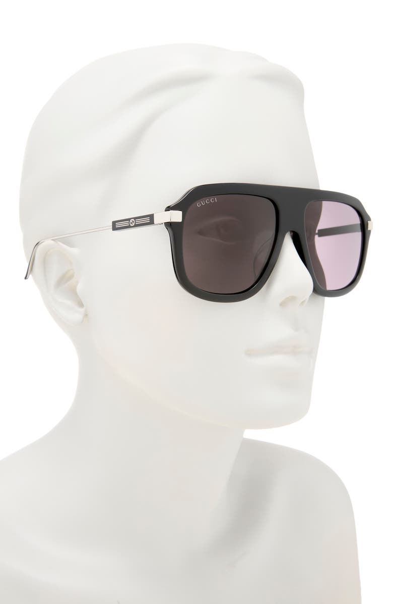 Gucci 57mm Aviator Sunglasses, Alternate, color, Black Silver Grey