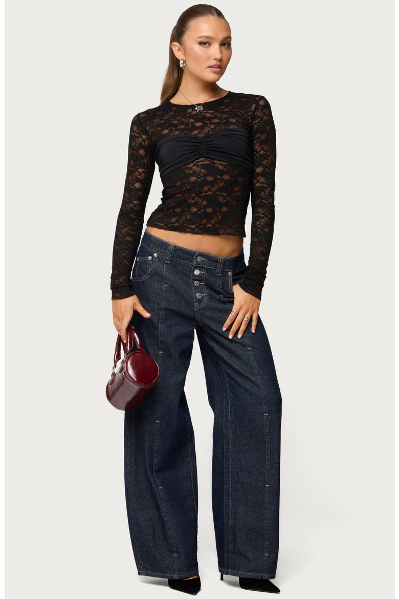 Rosette Bandeau Long Sleeve Lace Top, Alternate, color, BLACK