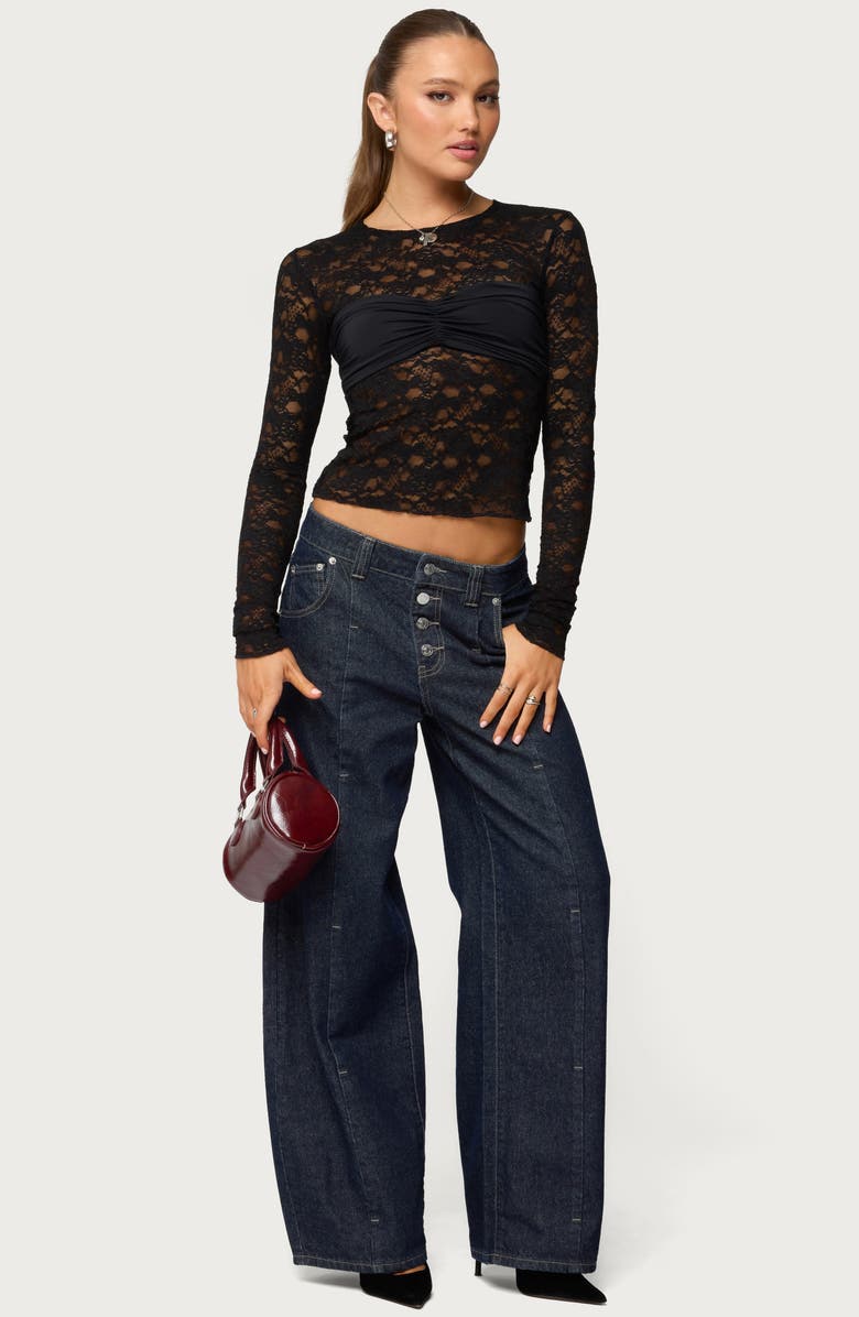 EDIKTED Rosette Bandeau Long Sleeve Lace Top, Alternate, color, Black