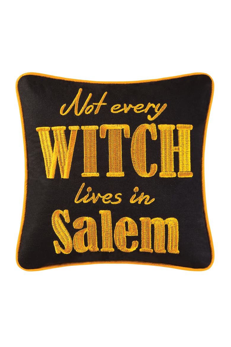 Not Every Witch Lives In Salem 10" x 10" Halloween Accent Pillow, Main, color, Black