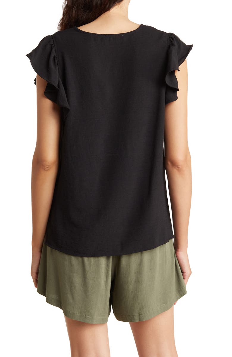 Adrianna Papell Flutter Sleeve Crinkled Satin Blouse, Alternate, color, Black