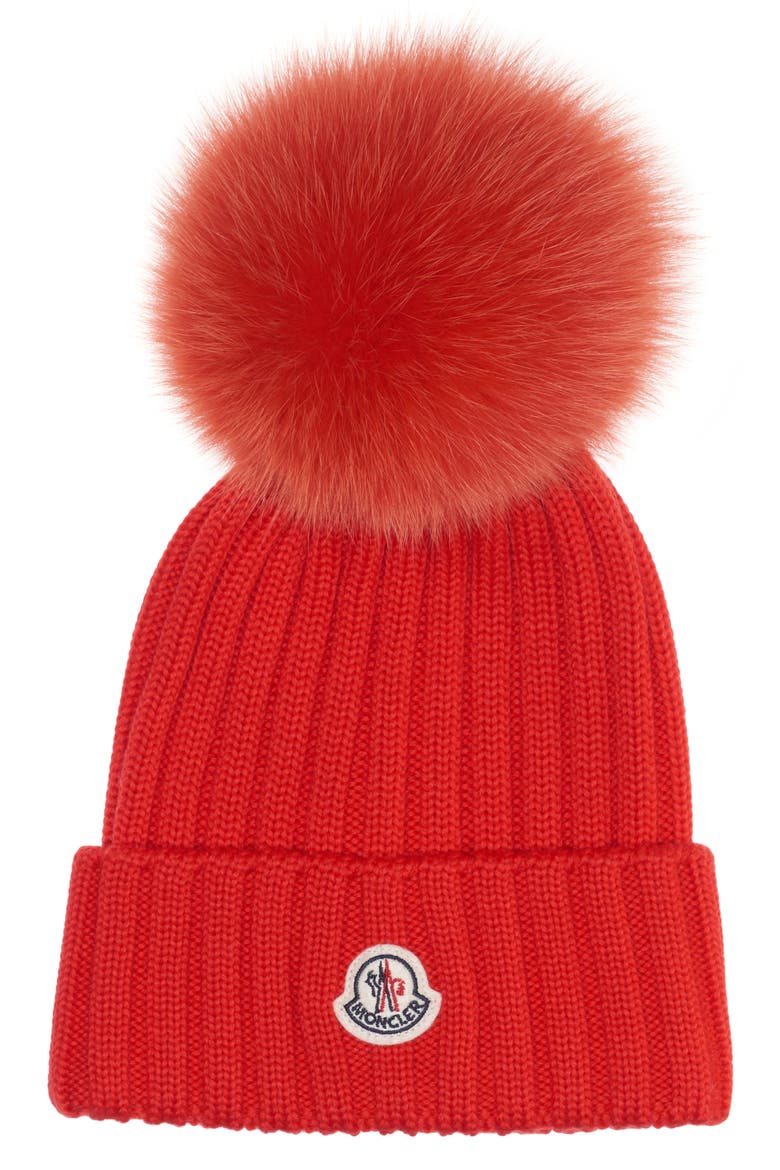 Genuine Fox Fur Pom Rib Wool Beanie, Main, color, RED