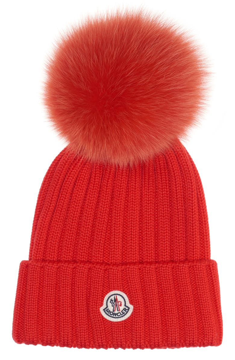 Moncler Genuine Fox Fur Pom Rib Wool Beanie, Main, color, 