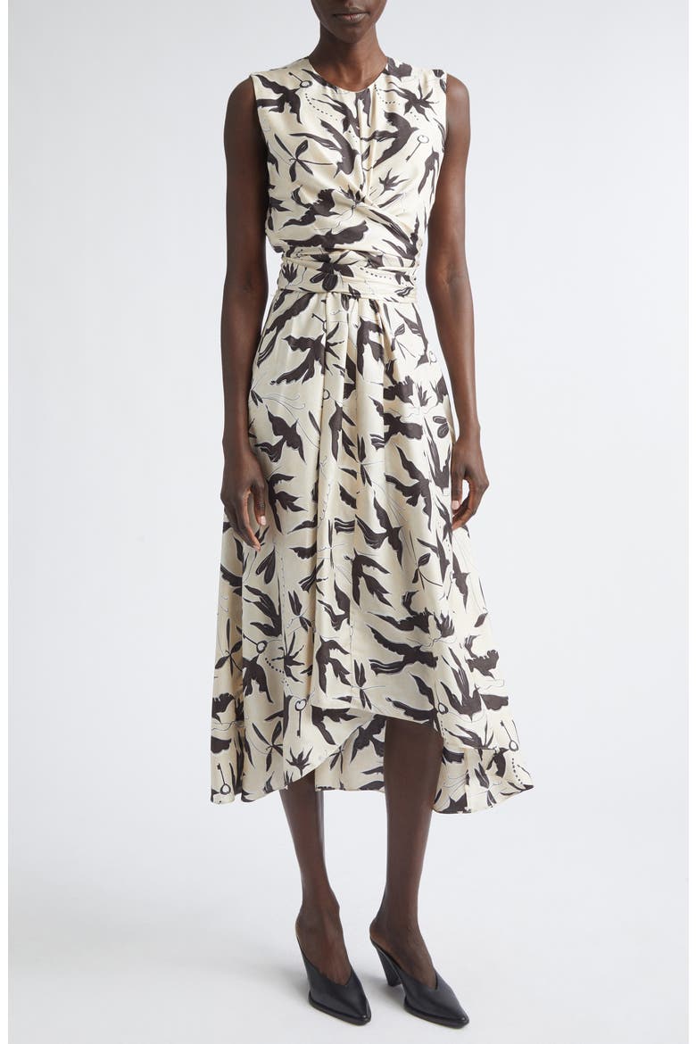 Penny Bird Print Draped Asymmetric Silk Dress, Main, color, 378172 TAPIOCA BIRD
