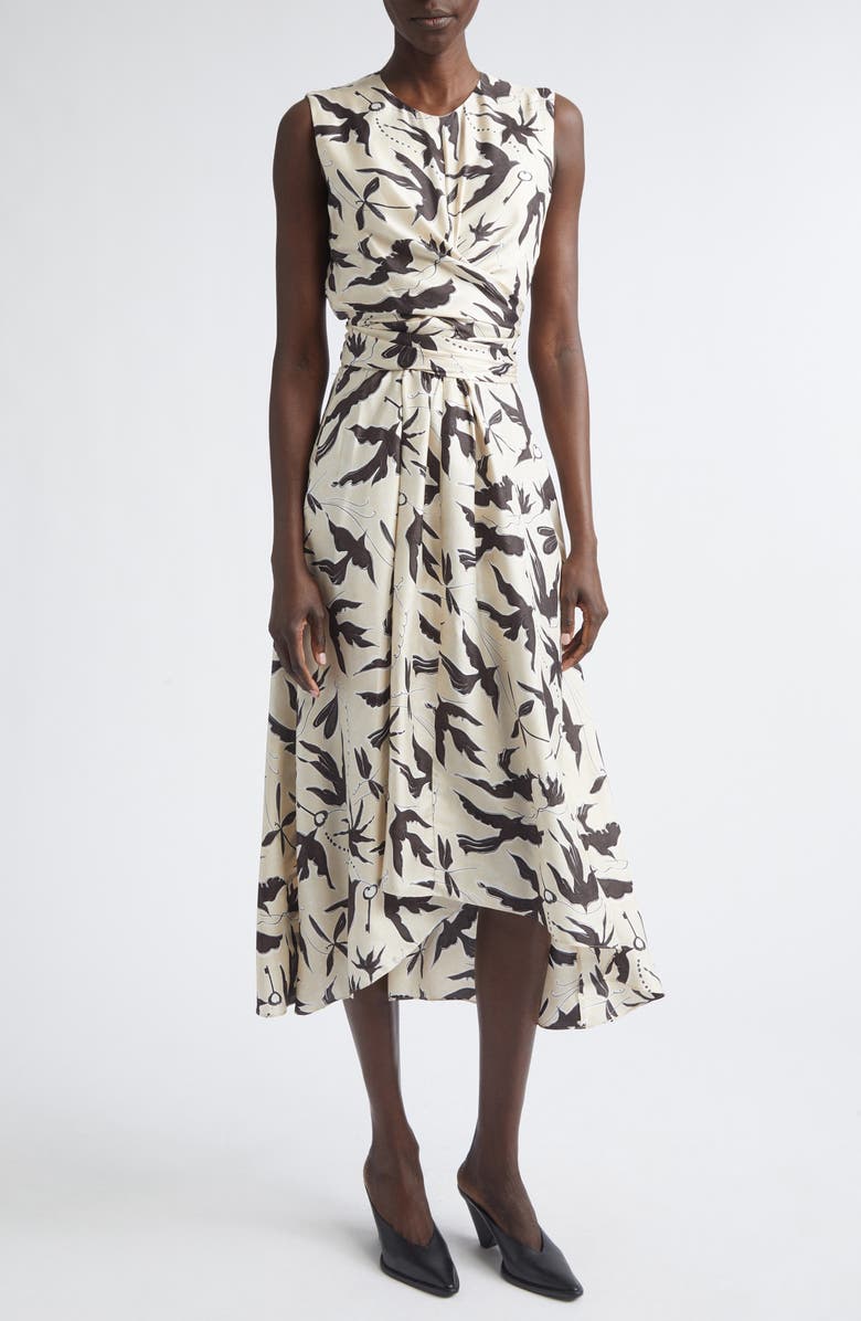 Altuzarra Penny Bird Print Draped Asymmetric Silk Dress, Main, color, 378172 Tapioca Bird