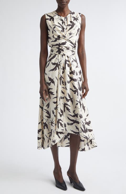 Penny Bird Print Draped Asymmetric Silk Dress