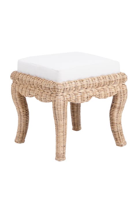 Rowan 19.7" Bohemian Designer Woven Rattan/Wood Ottoman Vanity Stool, White Cushion Seat