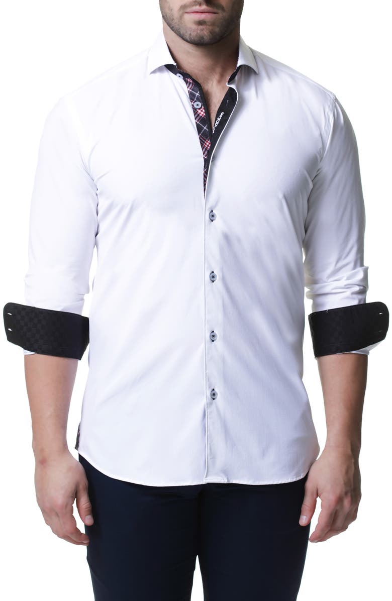 Maceoo Wall Street 4-Way Stretch White Check Performance Sport Shirt, Alternate, color, White