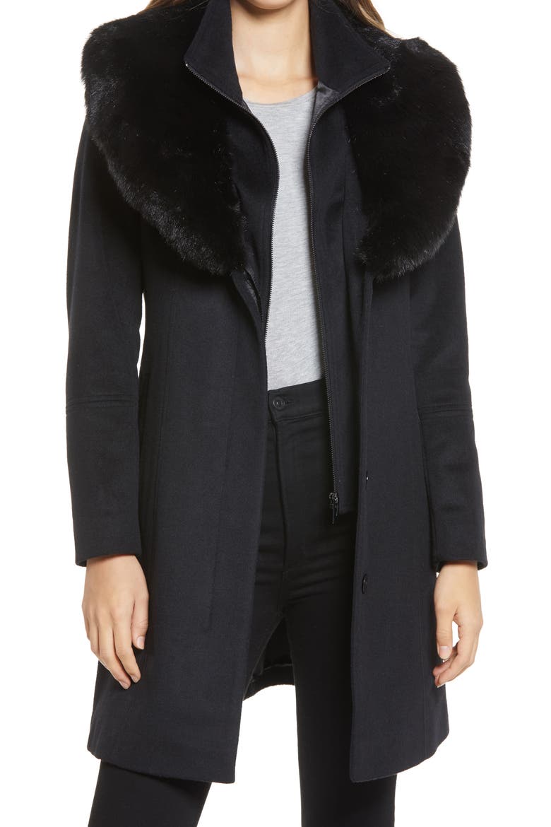 Faux Fur Collar Wool Blend Coat, Main, color, BLACK