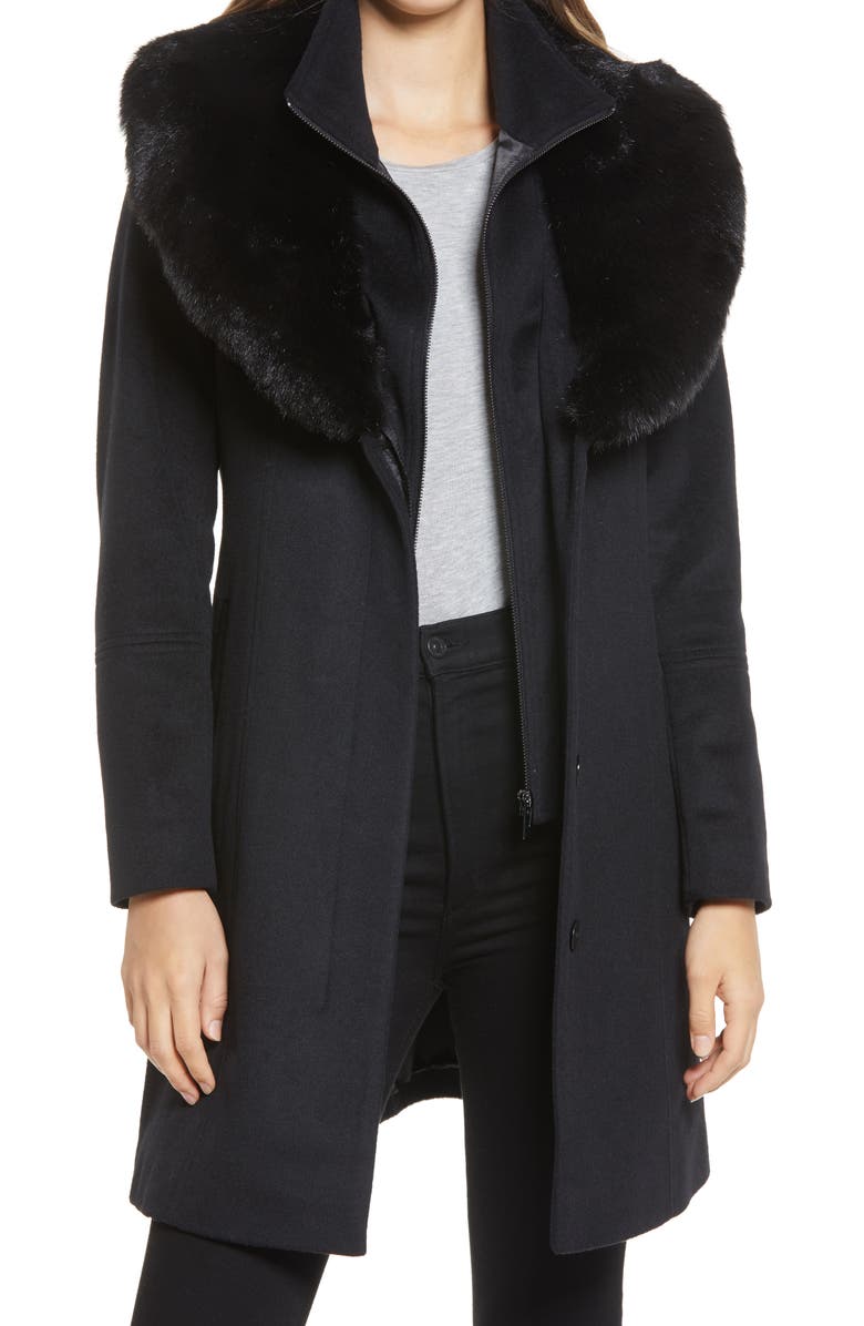 Via Spiga Faux Fur Collar Wool Blend Coat, Main, color,