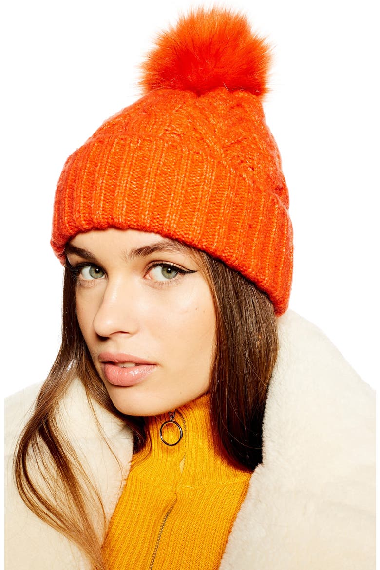 Faux Fur Pom Beanie, Alternate, color, ORANGE