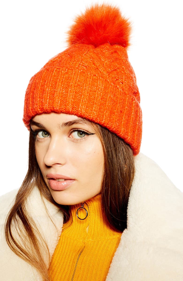Topshop Faux Fur Pom Beanie, Alternate, color, 