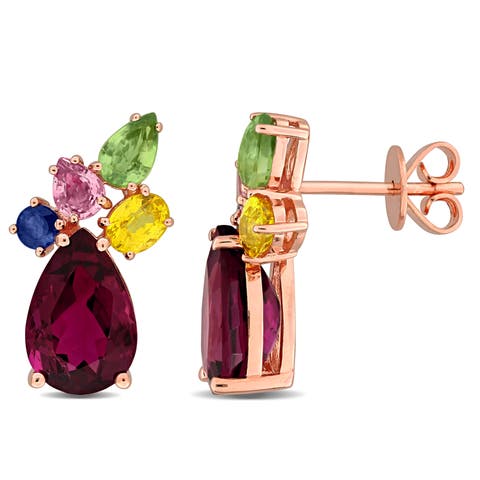 Multi-Gemstone Cluster Drop Earrings 14K