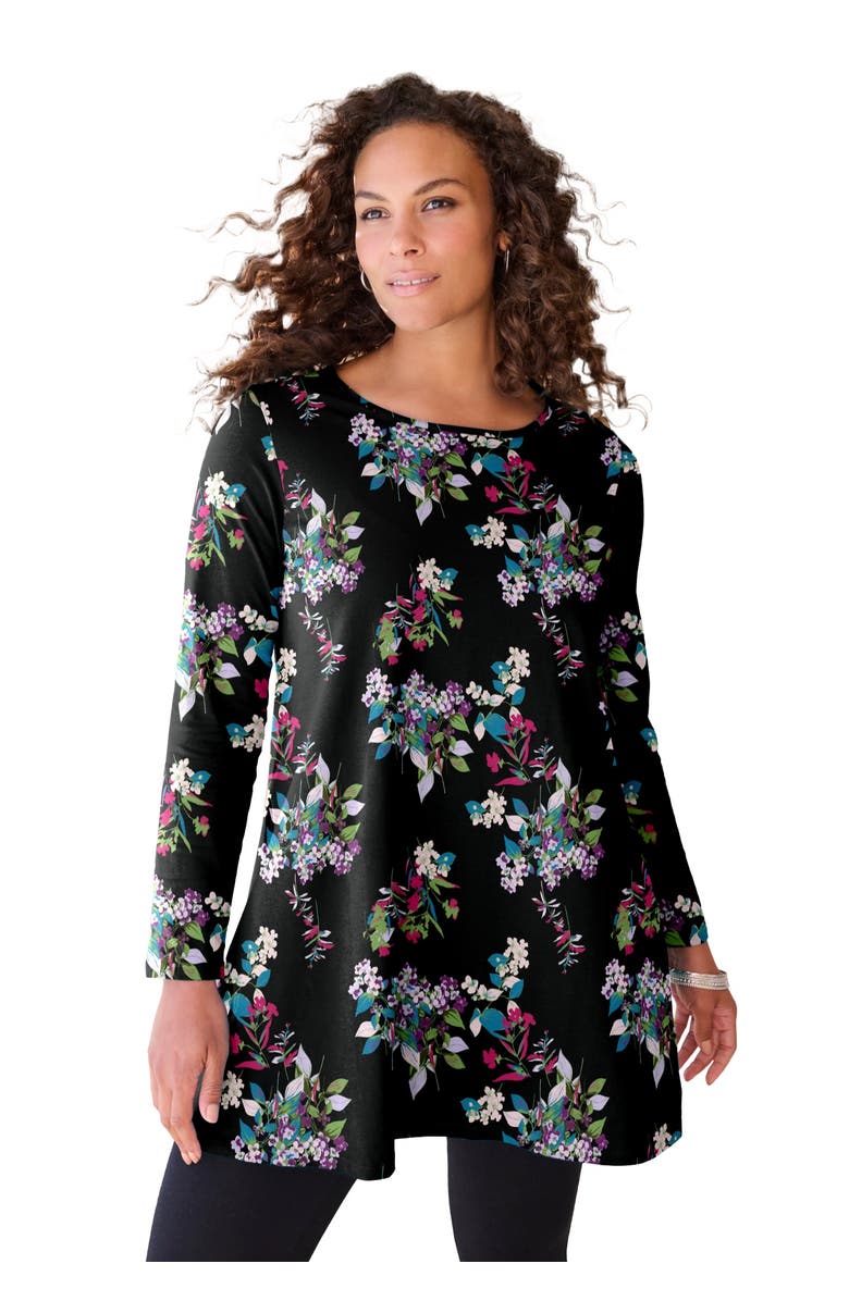 Roaman's Ultimate Long Sleeve Crewneck Swing Tunic, Main, color, Black Tossed Bouquet