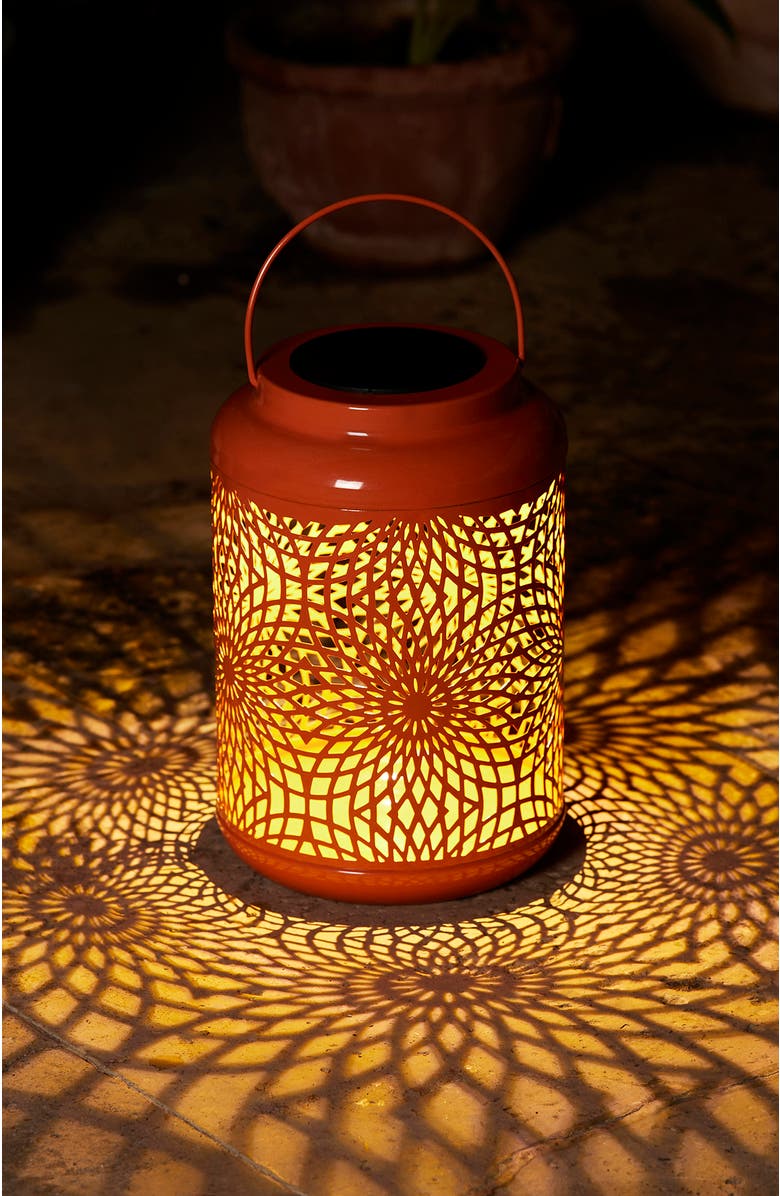 Glitzhome Metal Cutout Scrollwork Solar Powered Outdoor Hanging Lantern with LED Light, Alternate, color, Orange