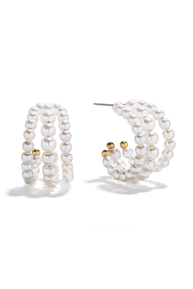 Halia Faux Pearl Hoop Earrings, Main, color, PEARL