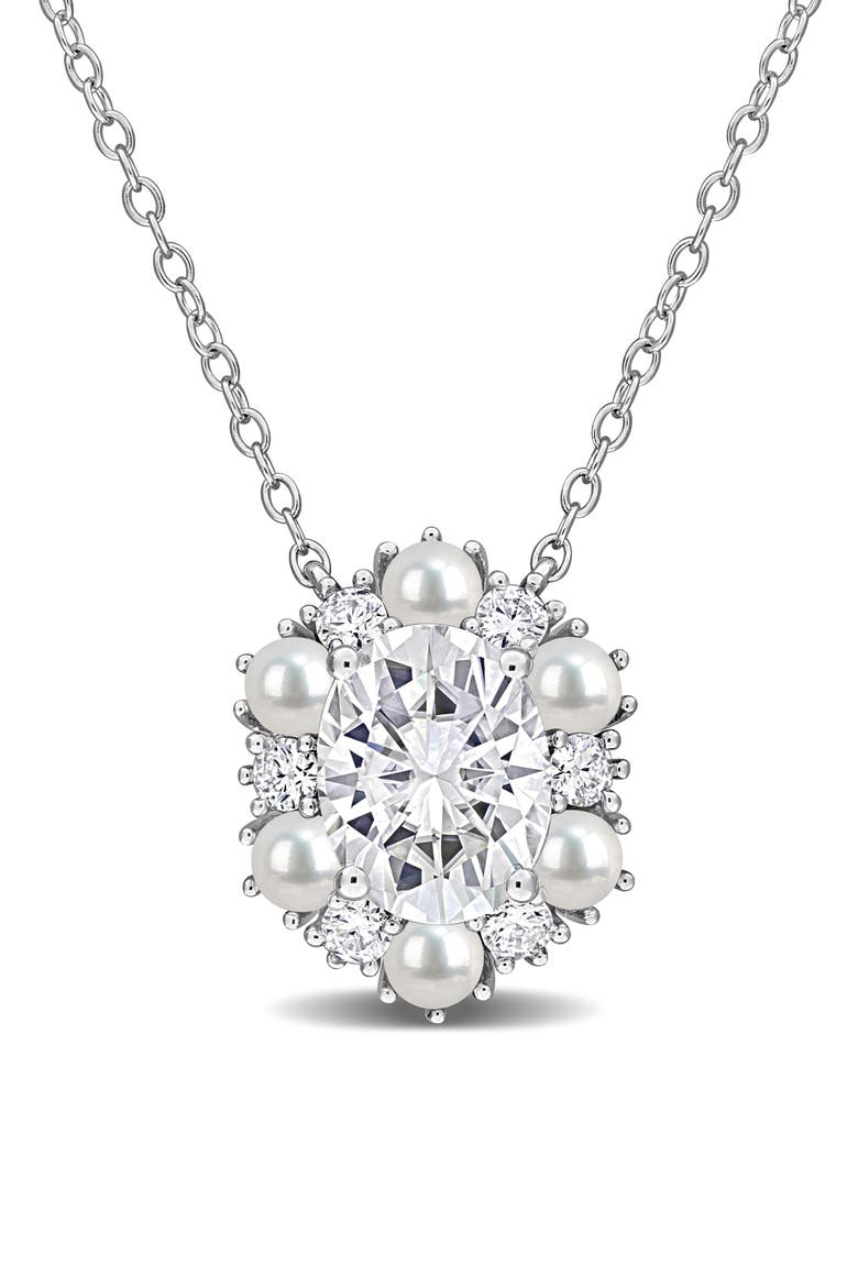 Sterling Silver Cultured Freshwater Pearl & Cubic Zirconia Pendant Necklace, Main, color, WHITE GOLD