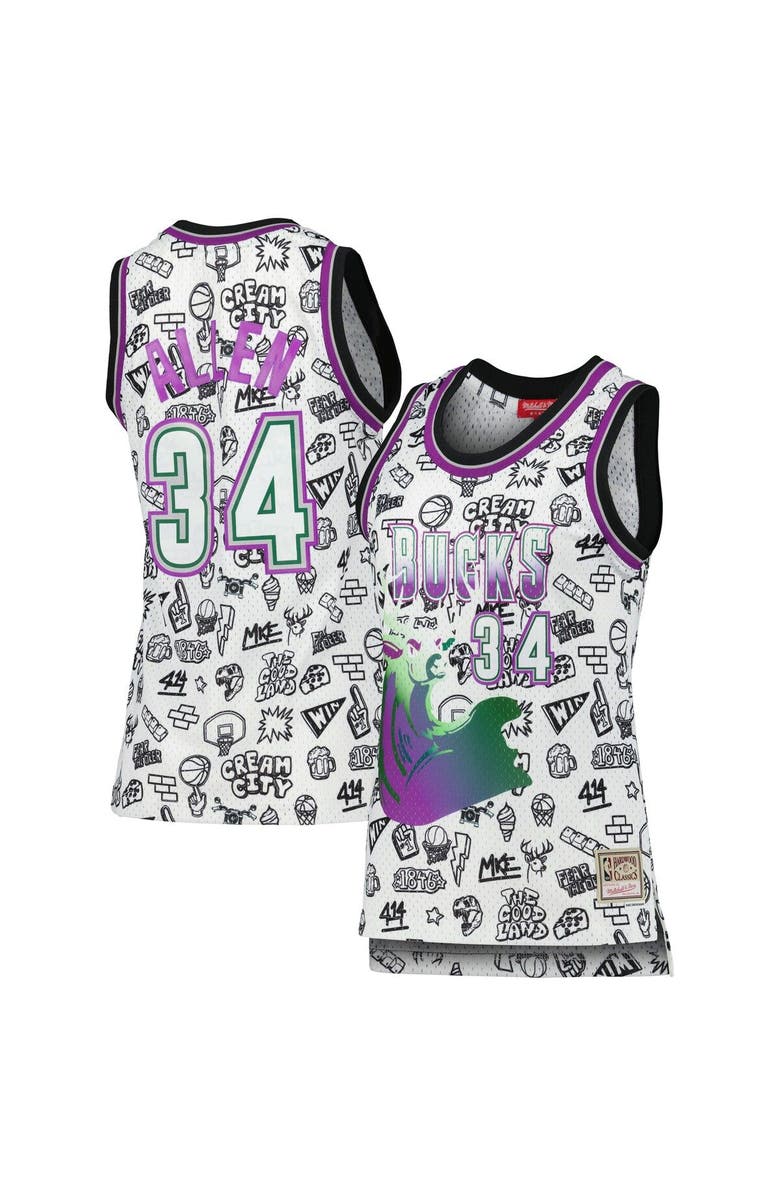 Mitchell & Ness Women's Mitchell & Ness Ray Allen White Milwaukee Bucks 1996 Doodle Swingman Jersey, Main, color,