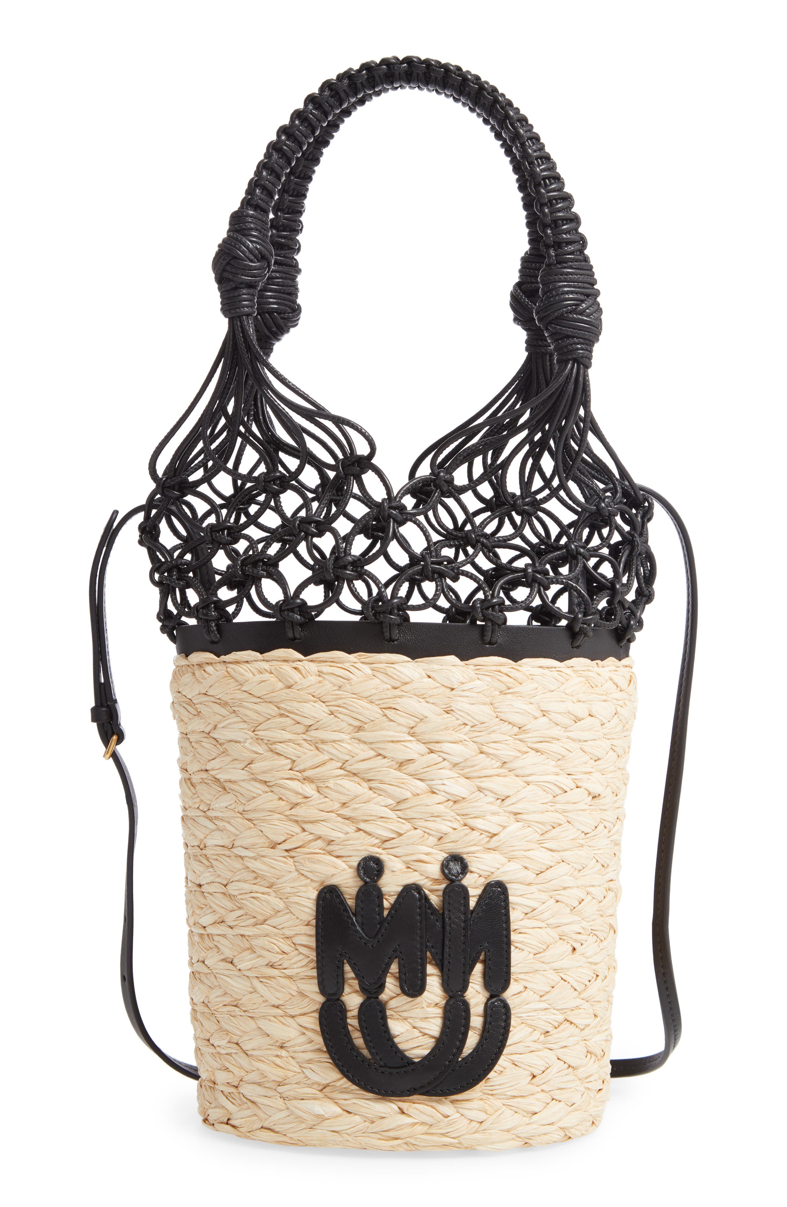 Miu Miu Woven Leather & Straw Bucket Bag, Main, color, 