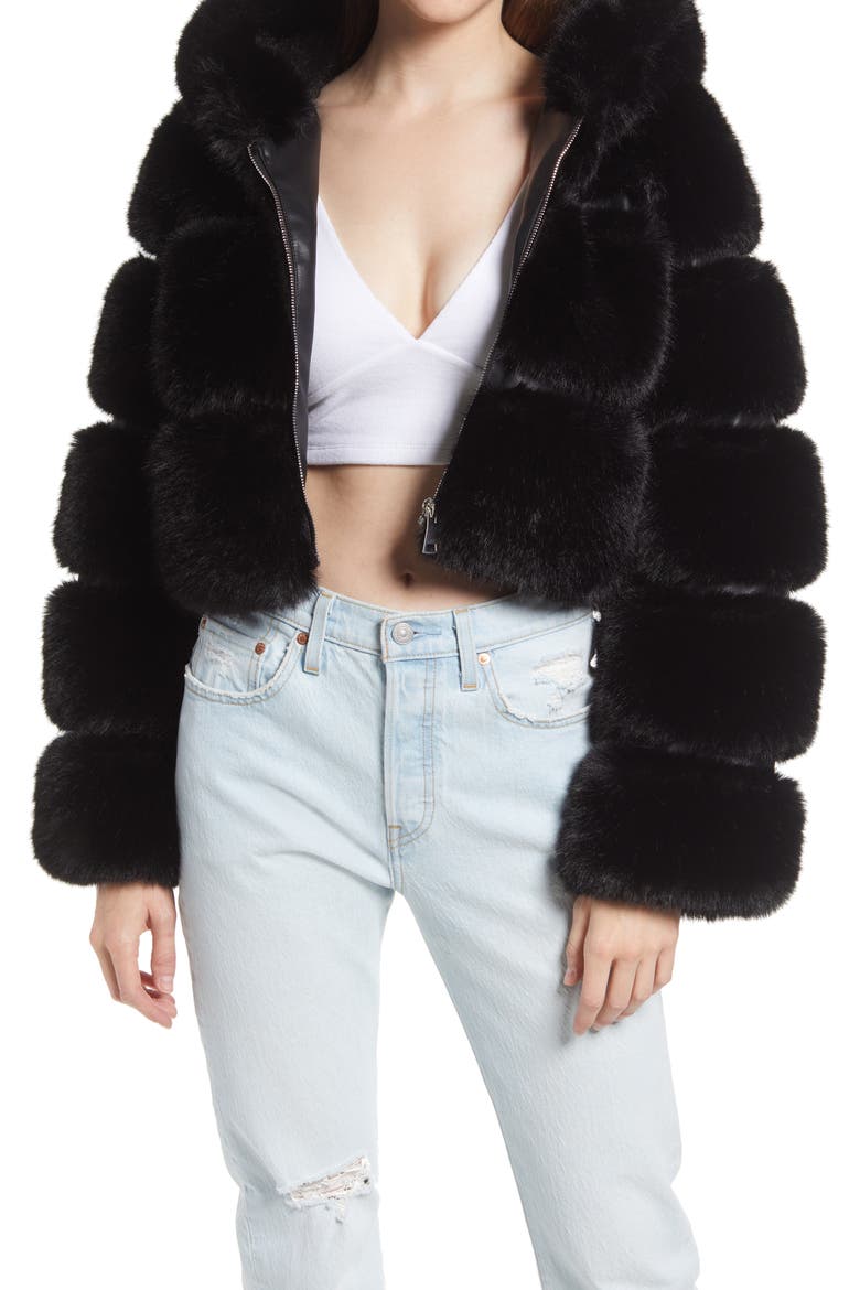 Faux Fur Puffer Jacket, Main, color, BLACK