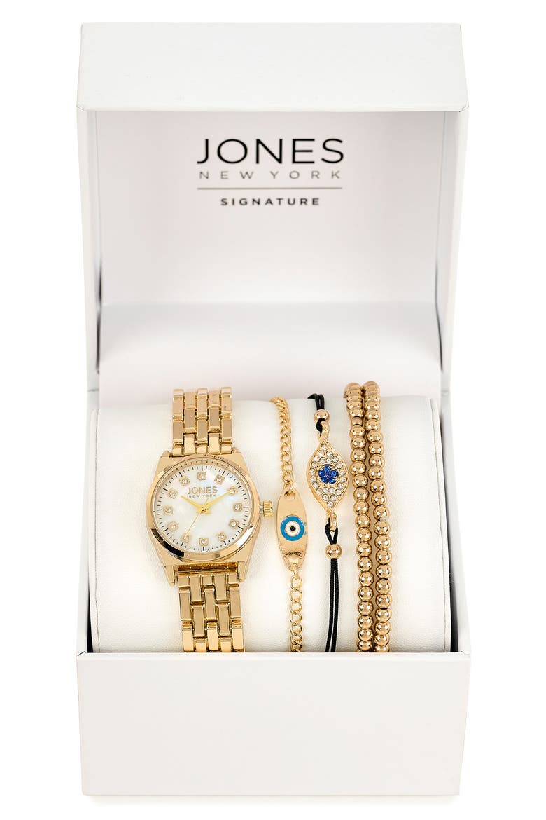 Mother-of-Pearl Dial Bracelet Watch & Stackable Bracelet Set, 26mm x 32mm, Main, color, GOLD