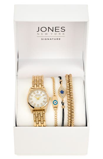 Jones New York Mother-of-pearl Dial Bracelet Watch & Stackable Bracelet Set, 26mm X 32mm In Gold